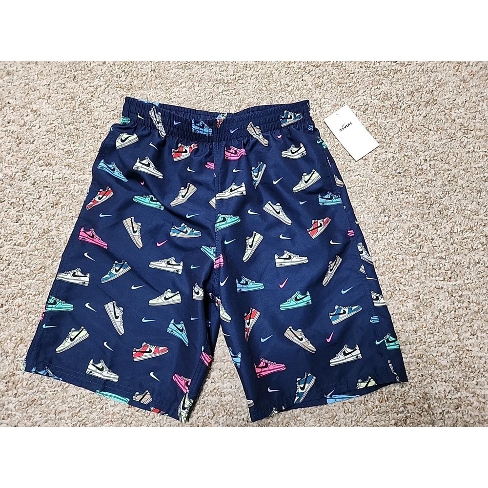 Nike Boys XL Navy Blue Sneaker Print‎ Swim Trunks Mesh Lined NESSF806-400